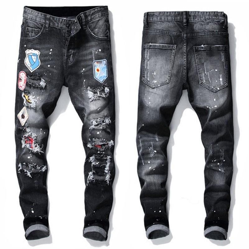 Mens Rips Stretch Black Jeans Fashion Slim Fit Washed Motocycle Denim Pants Panelled Hip HOP Trousers A1 bHF DSQ DSQ2 DSQUARED, 1020