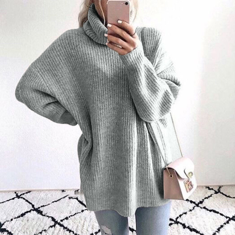 Oversize Turtleneck Knitted Women's Sweater Pullovers Long Batwing Sleeve Winter Solid Women Sweaters Loose Basic Jumper 201030wtt