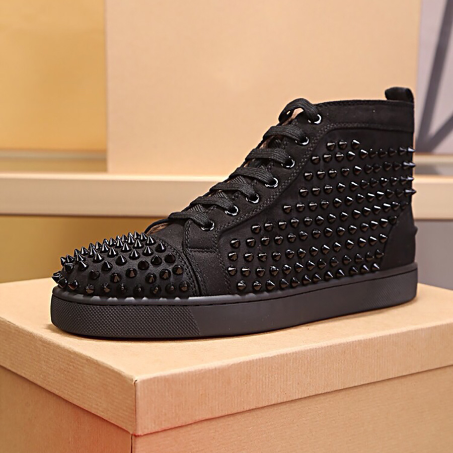 Mens Womens Platform Shoes Diamond Spikes High Top Mid Black Red White Designer Sneakers Genuine Leather Casual Shoes, Shown