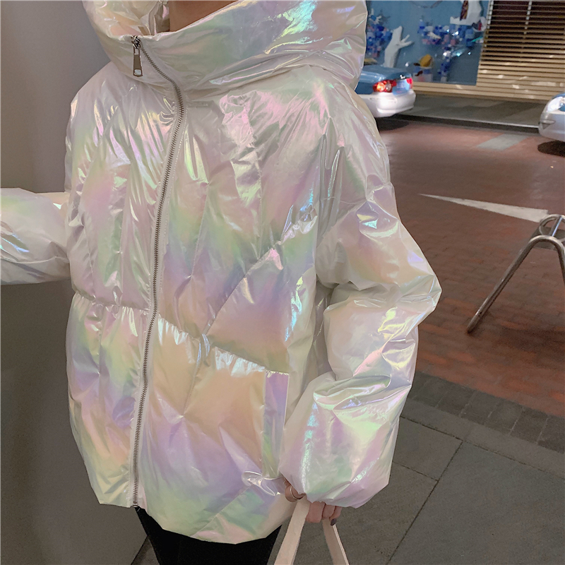 Harajuku Colorful Streetwear Glossy Winter Oversize Jacket Women Thick Padded Outwear Shiny Drawstring Jacket Cotton Parkas 200928