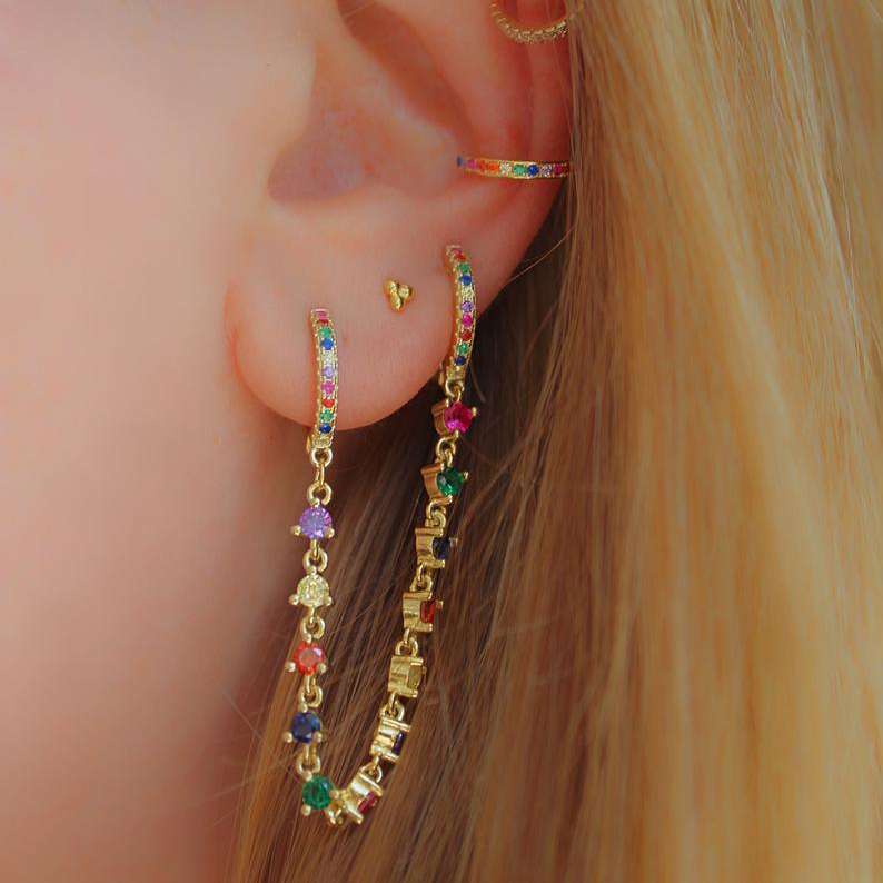 tassel chain earring with cz mini hoop gold plated fashion european women ladies gorgeous fashion trendy earrings jewelry