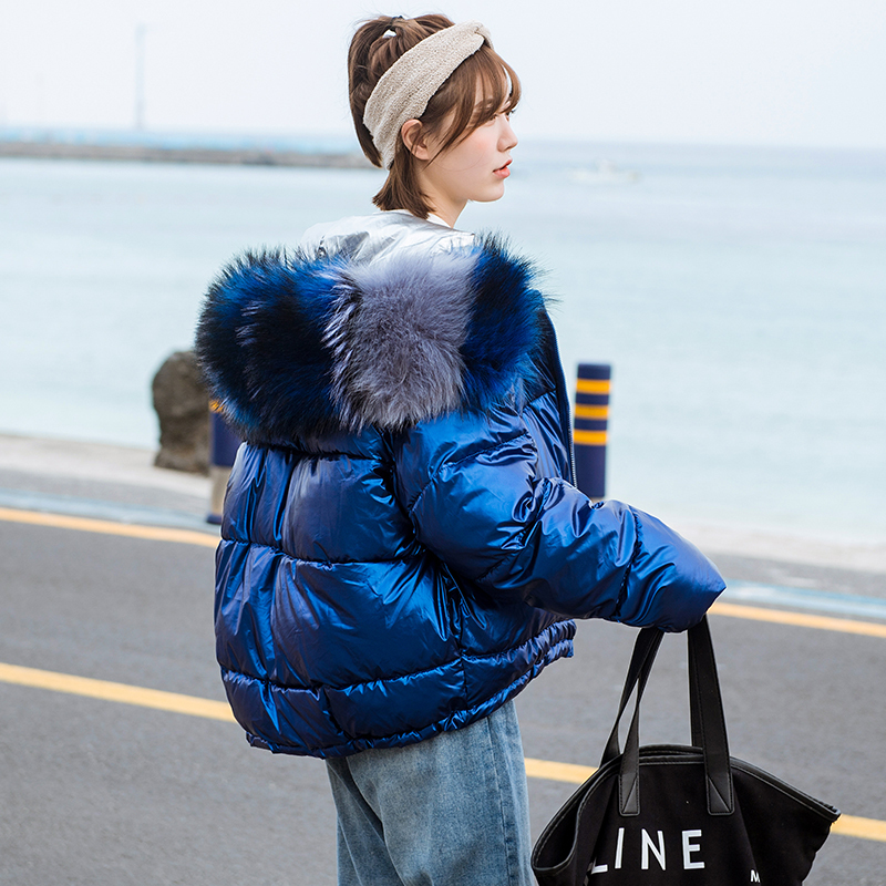 Ly Varey Lin Winter Glossy Parka Women Big Faux Fur Hooded Short Cotton Jacket Warm Thick Loose Gold Silver Bright Side Outwear 201217