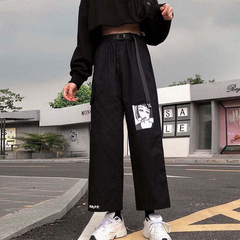 Women New Wide Leg Pants Fashion Elastic High Waist Harajuku Sweatpants Female Streetwear Casual Loose Ankle Length Black Pants 201106