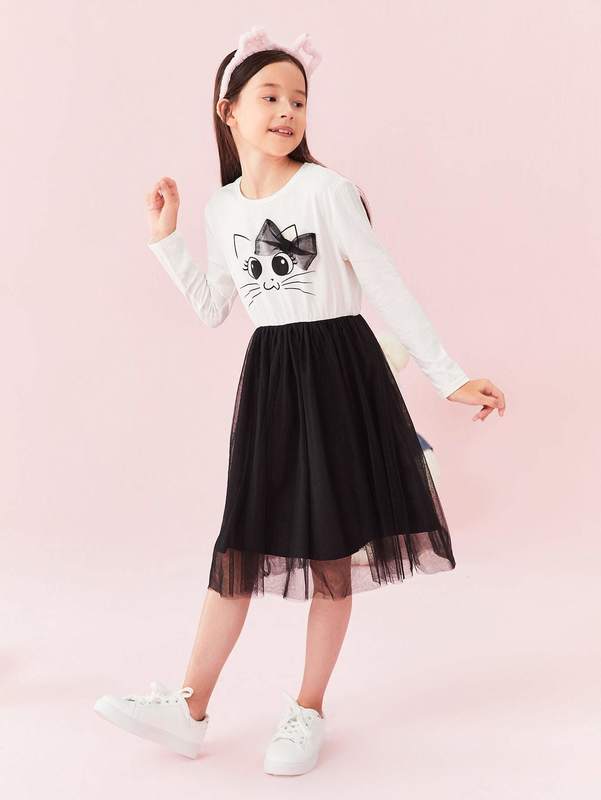 Girls Bow Detail Cat Print Mesh Overlay Dress SHE