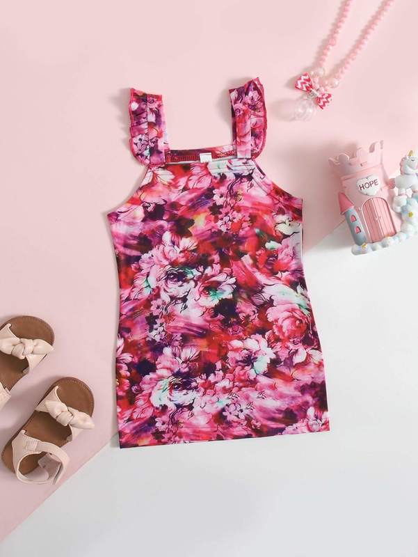 Toddler Girls Allover Floral Print Ruffle Straps Cami Dress SHE