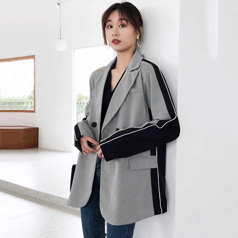 EAM Women Gray Brief Contrast Color Blazer Lapel Long Sleeve Loose Fit Jacket Fashion Spring Autumn 1Y535 201114