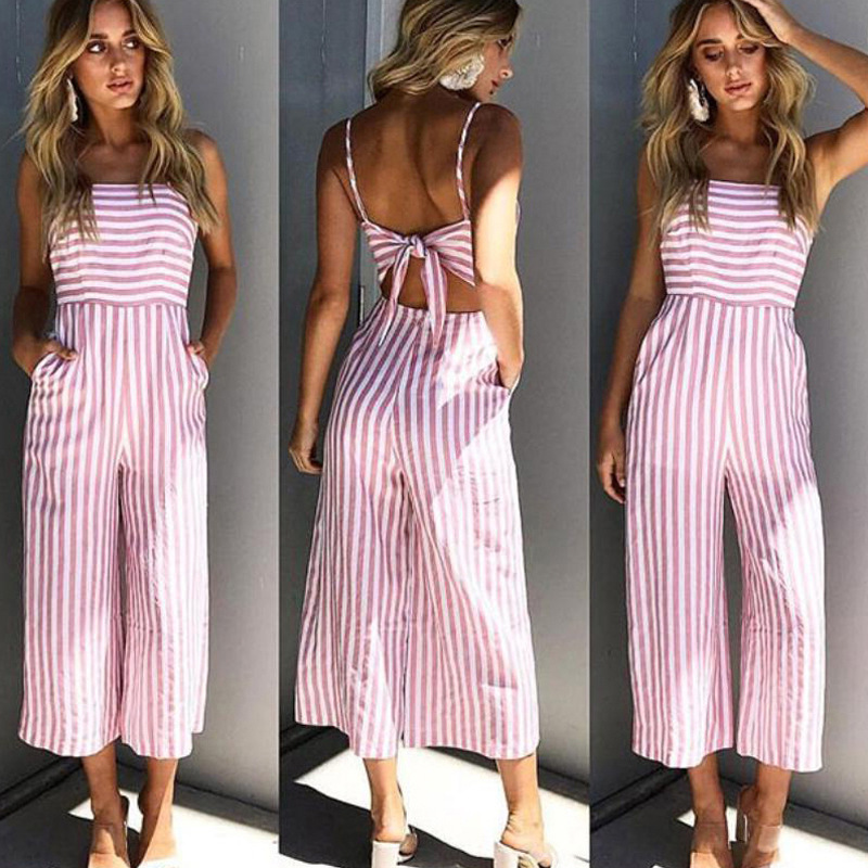 Fashion Elegant Sleevelss Romper Women Jumpsuits Pants Ladies Pink Blue Red Striped Halter Women Romper Jumpsuit Female Overalls T200509