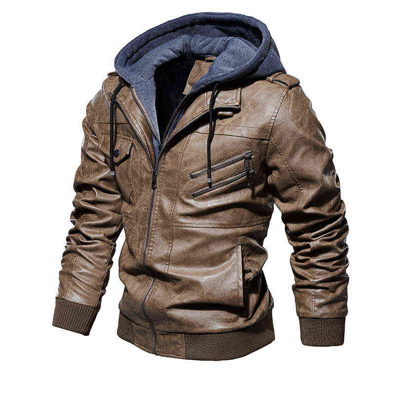 Casual Motorcycle PU Jacket Mens Winter Autumn Fashion Leather Jackets Male Slim Removable Hooded Warm Outwear Fleece Clothing 211222