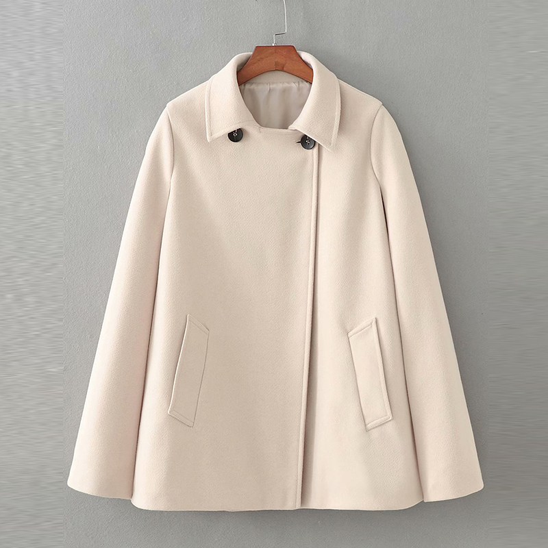Style ZA Solid Color Loose Cape Women Coat Collect Waist Woolen Single Button Medium Long Coat Women Winter Tops For Woman 201214