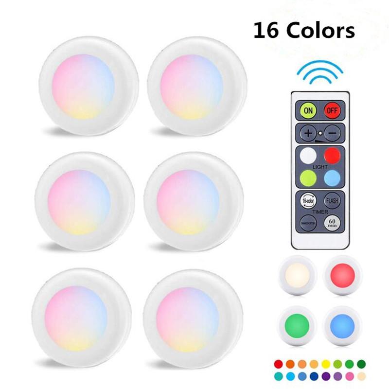LED Closet Lamps RGB Puck Light 16 Colors Wireless Under Cabinet Lighting Battery Powered Night Lights with Remote Control Dimmer & Timing