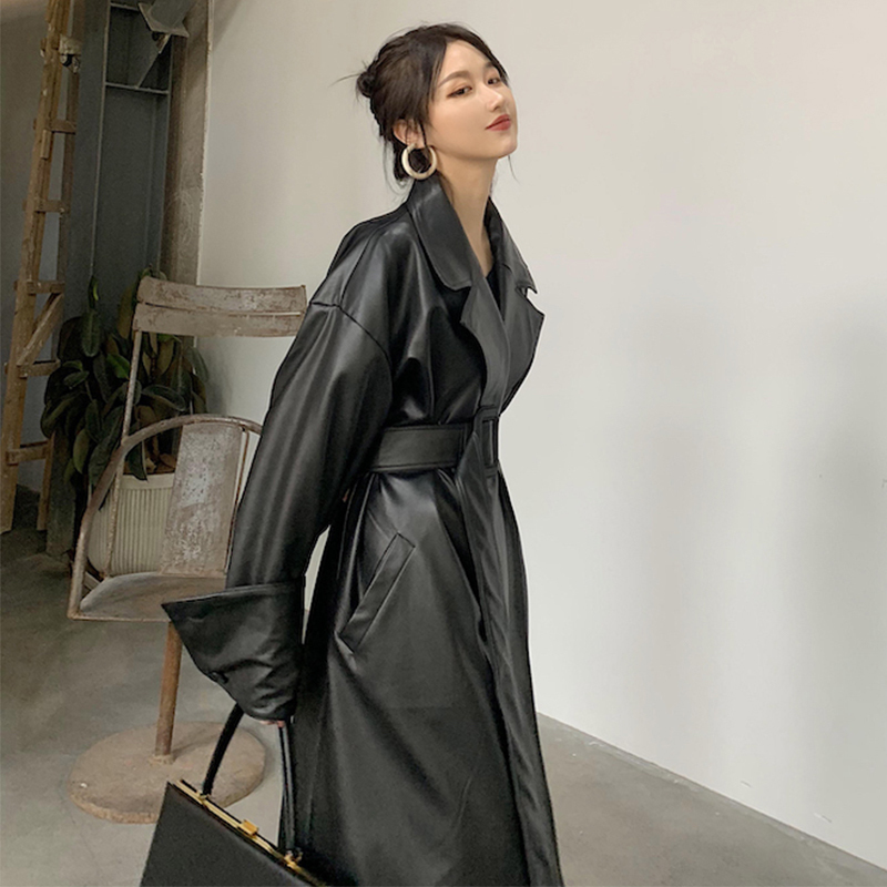 Lautaro Long oversized leather trench coat for women long sleeve lapel loose fit Fall black women plus size clothing streetwear 201030