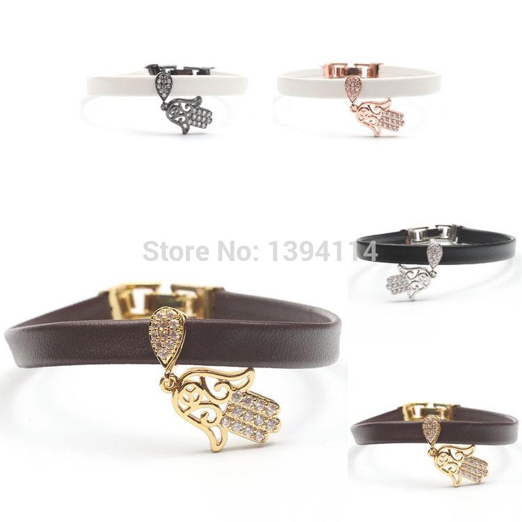 Micro Pave Clear CZ Hamsa Hand Charm Stringed 8*1mm Leather Cord Fold Over Clasp Bracelet Jewelry Approx 8 Inch
Micro Pave Clear CZ Hamsa Hand Charm Stringed 8*1mm Leather Cord Fold Over Clasp Bracelet Jewelry Approx 8 Inch