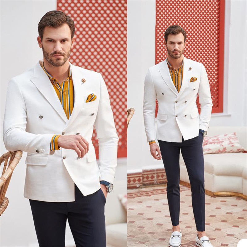 Handsome Men Suits 2 Pieces Custom Made Wedding Suits Lapel Royal High Quality Formal Double Breasted Business Coat+Pant