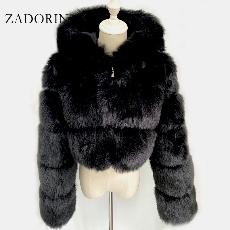 ZADORIN High Quality Furry Cropped Faux Fur Coats and Jackets Women Fluffy Top Coat with Hooded Winter Fur Jacket manteau femme 201214