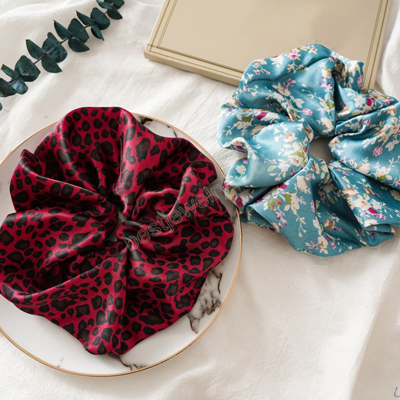 Satin Silk Solid Color Oversized Scrunchies Leopard Floral Print Elastic Hair Bands Rings Women Girls Headband Hair Accessories