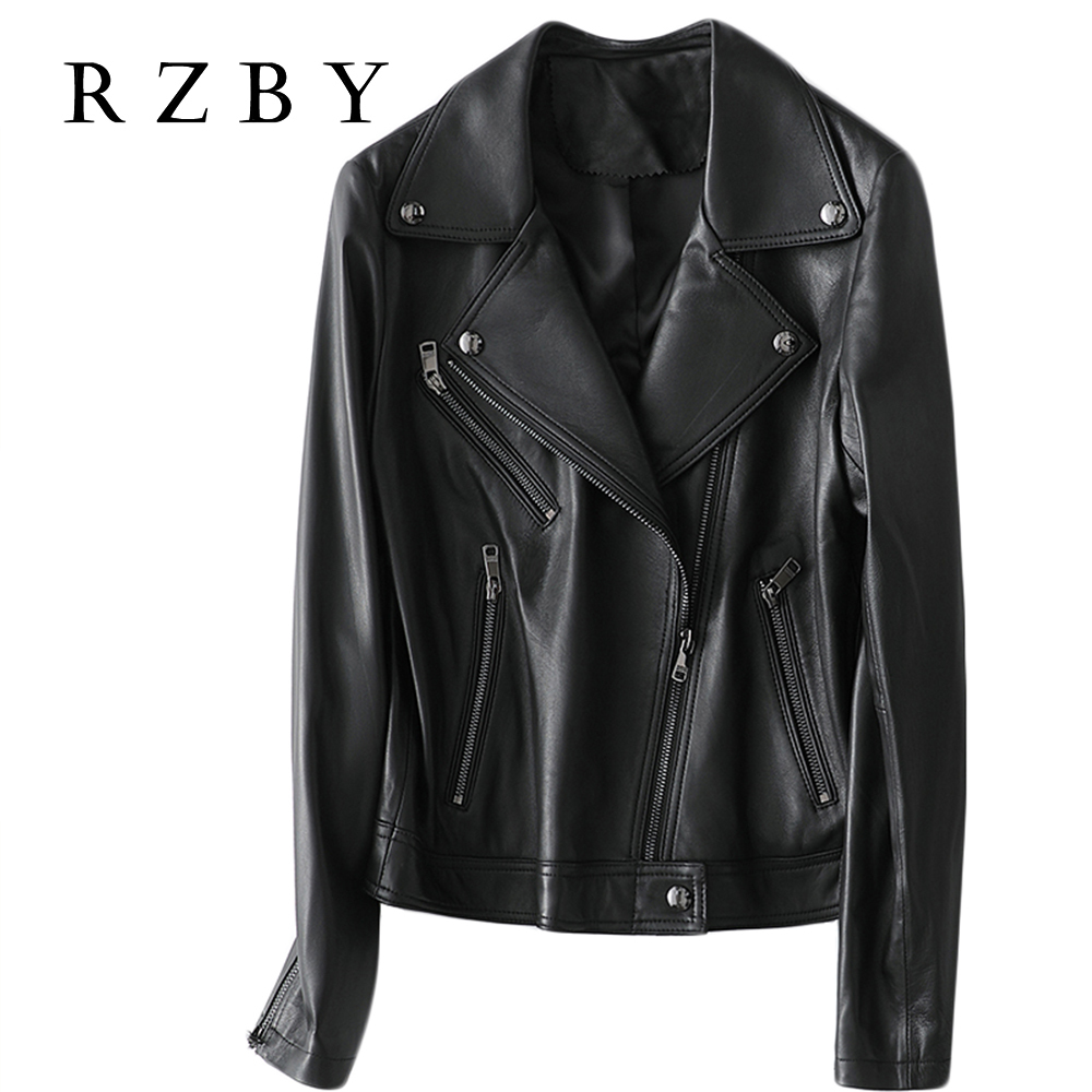 RZBY Soft Sheepskin Genuine Leather Coat Black Jacket Women Autumn Clothes Casual Genuine Leather Jacket Fashion LJ201127