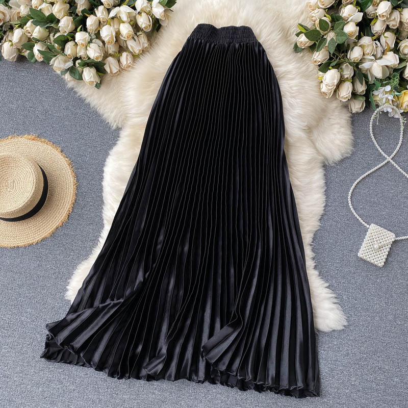 High Waist Long Skirts Womens 2024 Maxi Pleated Skirt Women Clothing Elegant Office Lady Fashion Metallic Satin Skirt