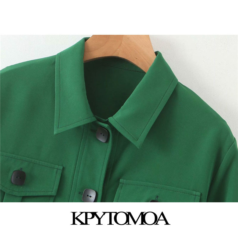 KPYTOMOA Women Fashion Safari Style Pockets Cropped Jacket Coat Vintage Lantern Sleeve Buttonup Female Outerwear Chic Tops 201017