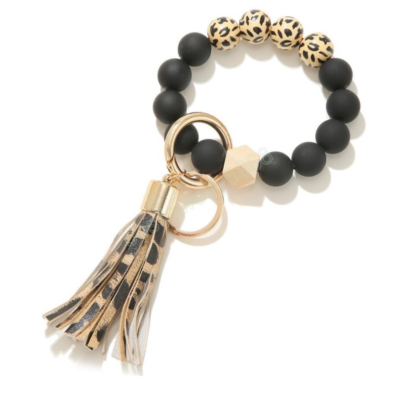 Leopard Frosted Wooden Bead Bracelet Strands Keychain Fashion Pattern Tassel Pendant Bracelets Women Girl Key ring Wrist Strap 7 Colors