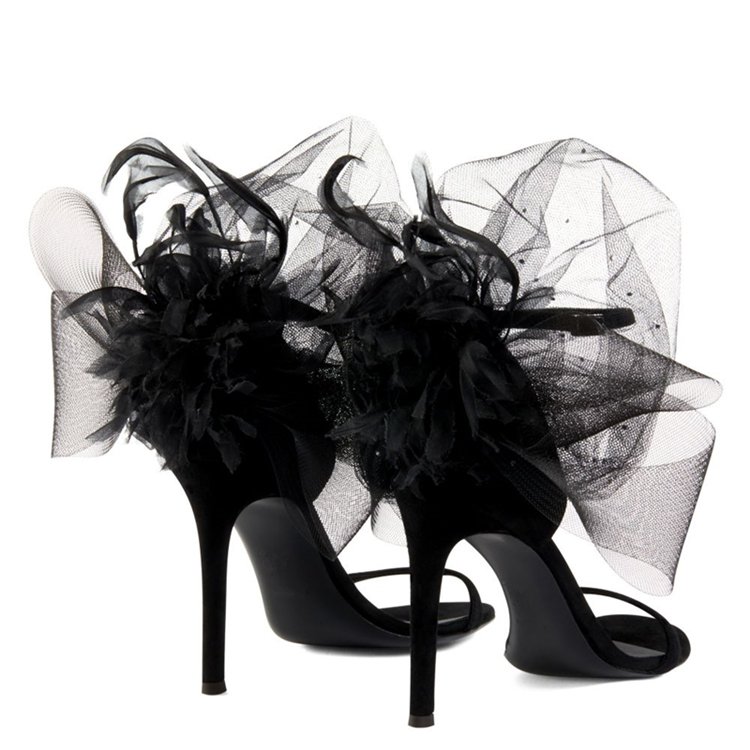 Sexy Black Flowers Feather Wedding Shoes For Lady Bride Open Toe Sandals Women Stiletto Jeweled High Heels Prom Evening Pumps Sheepskin Cocktail Party