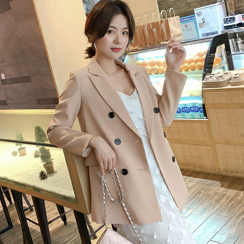 Women Blazer Jacket OL Spring Coat Casual Double Breasted Notched Collar Female Loose Jackets Fashion Suits Outwear 201114
