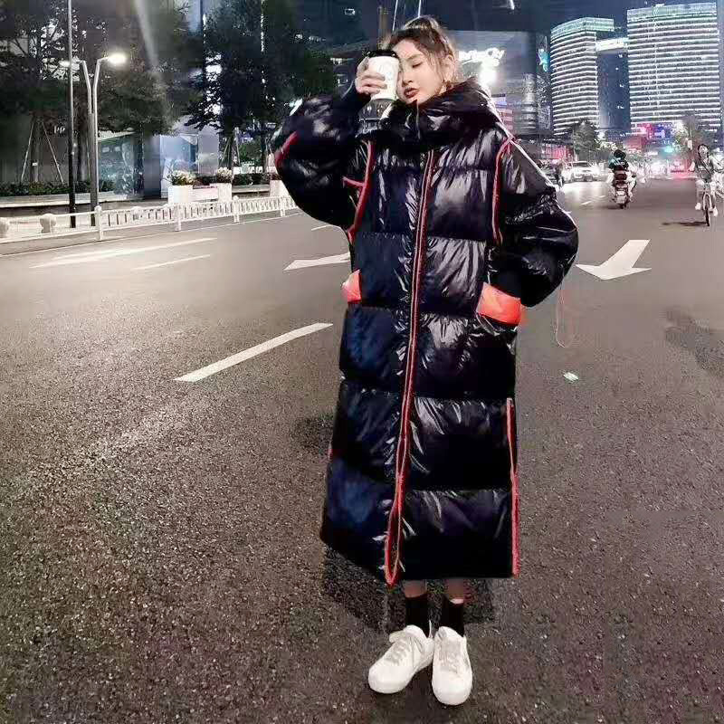 Winter new down jacket woman hooded bright face long runway show Korean version of loose casual white duck down coat 201030