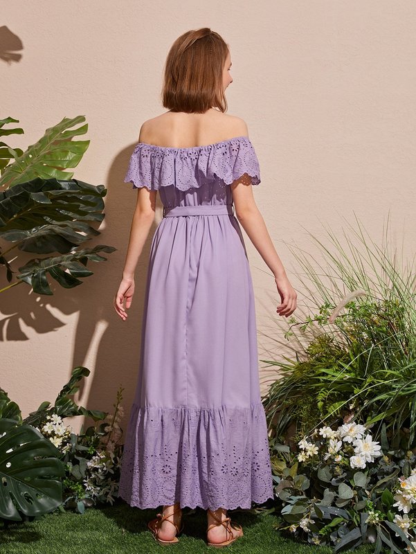 Teen Girls Schiffy Ruffle Detail Off Shoulder Belted Dress SHE