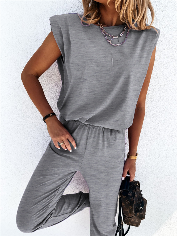 Womens 2 Pieces Sets Shoulder Pads T Shirts And Long Pants Female Tracksuit Sleeveless Solid Sport Suits Fashion Ladies Clothes 201104