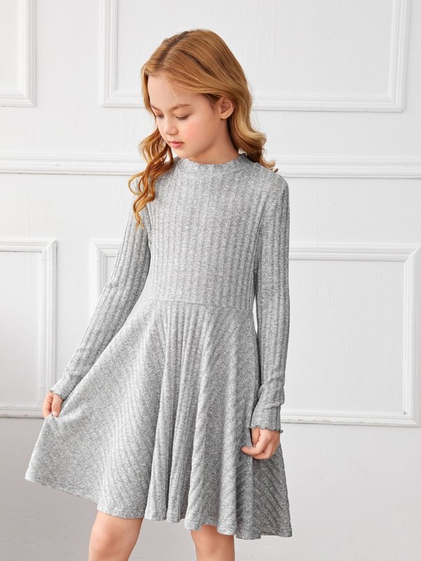 Girls Mock Neck Ribbed Knit Dress Without Belt SHE