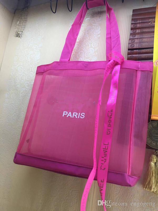 

NEW!Classic pink case shopping mesh Bag with ribbon fashion style Travel Bag beach Women Wash Bag Cosmetic Makeup Storage mesh Case