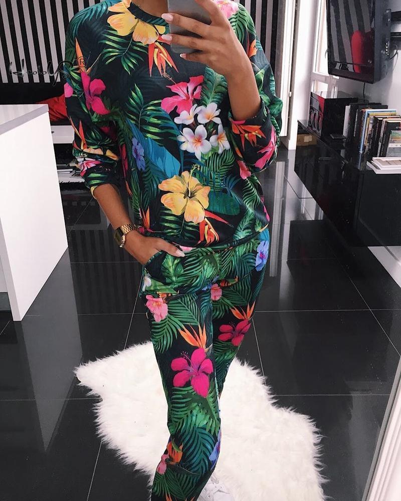 Autumn Winter Floral Pajamas Set Women's Long Sleeve Round Neck Loose Soft Plus Size Pyjamas women sleepwear Female Homewear 201113