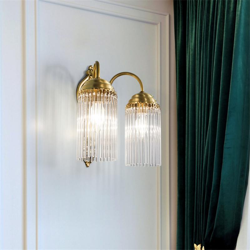 American all copper glass strip crystal wall lamps bedroom bedside living room aisle background wall sconces lights E14 fixtures
American all copper glass strip crystal wall lamps bedroom bedside living room aisle background wall sconces lights E14 fixtures
