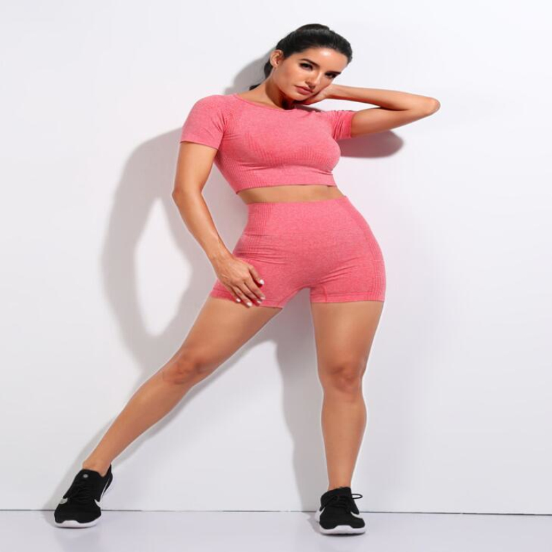 Vital Seamless Gym Set Workout Clothes Women Short Sleeve Crop Tops Fitness Shorts Sports Wear Gym Clothing 2Pcs Yoga Sport Suit Y200904