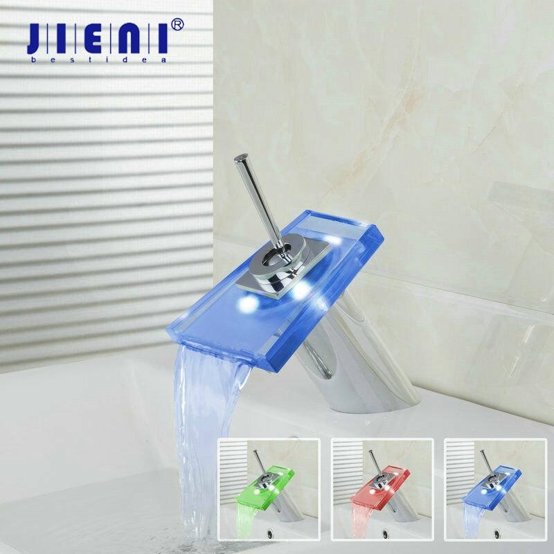 

JIENI LED Color Changing Glass Waterfall Bathroom Basin Faucet Single Handle Hole Tap Chrome Bathroom Faucet Mixers & Taps