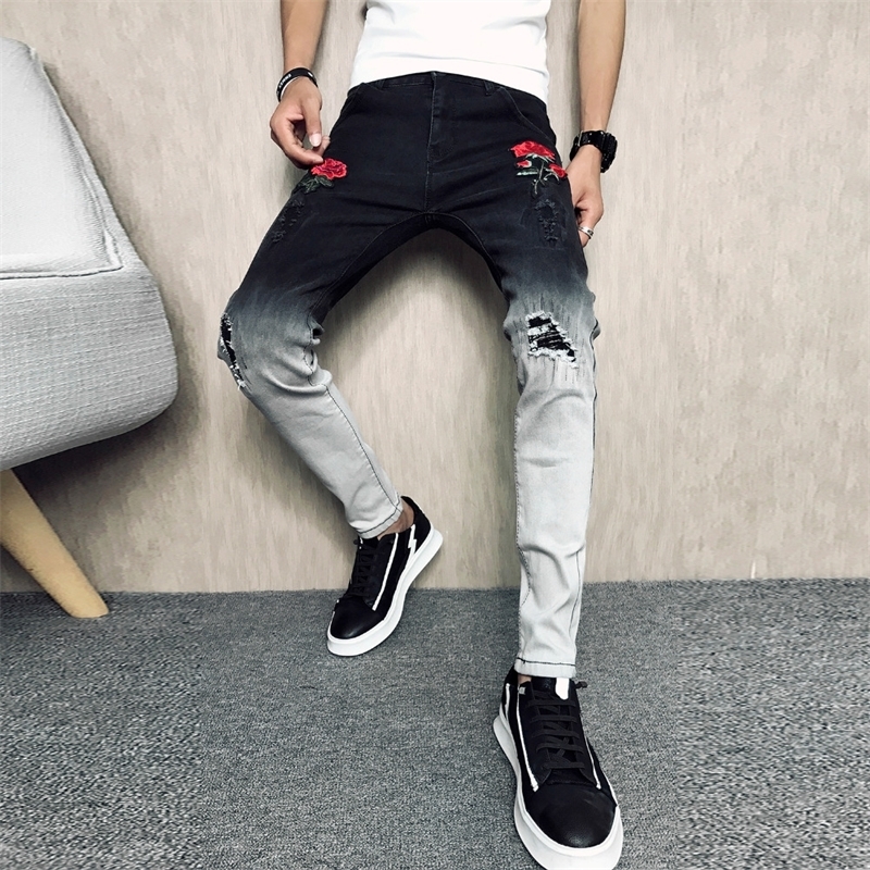 Summer New Skinny Jeans Men Fashion Flower Embroidery Men Jeans Casual Slim Fit Black Hip Hop Denim Pants Men Trousers 34 201111