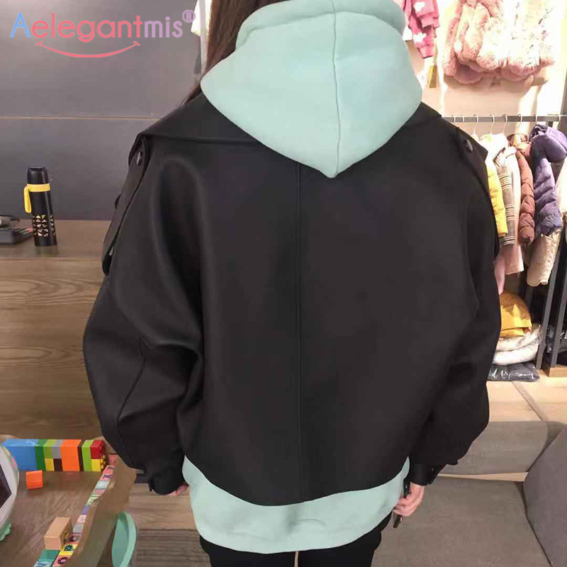 Aelegantmis Black Short Loose Pu Leather Jacket Autumn Winter Soft Faux Leather Jacket Street Casual Outwear Ladies Biker Jacket LJ201127