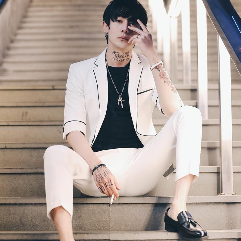 Mens Suits Slim Fit 2 Pieces Set Costume Homme White Black Suit Groom Wedding Tuxedos Men Short Sleeve Formal Prom Suit Terno
Mens Suits Slim Fit 2 Pieces Set Costume Homme White Black Suit Groom Wedding Tuxedos Men Short Sleeve Formal Prom Suit Terno