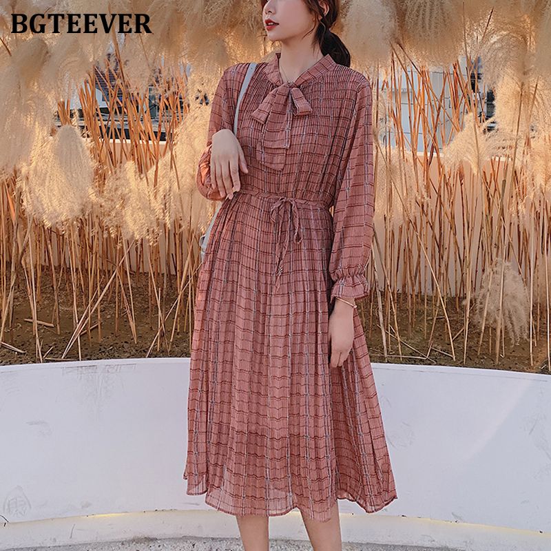 BGTEEVER Chic Bow Neck Plaid Dress Women Spring Flare Sleeve Laceup Pleated Midcalf Dress Female Chiffon Vestidos femme T200416