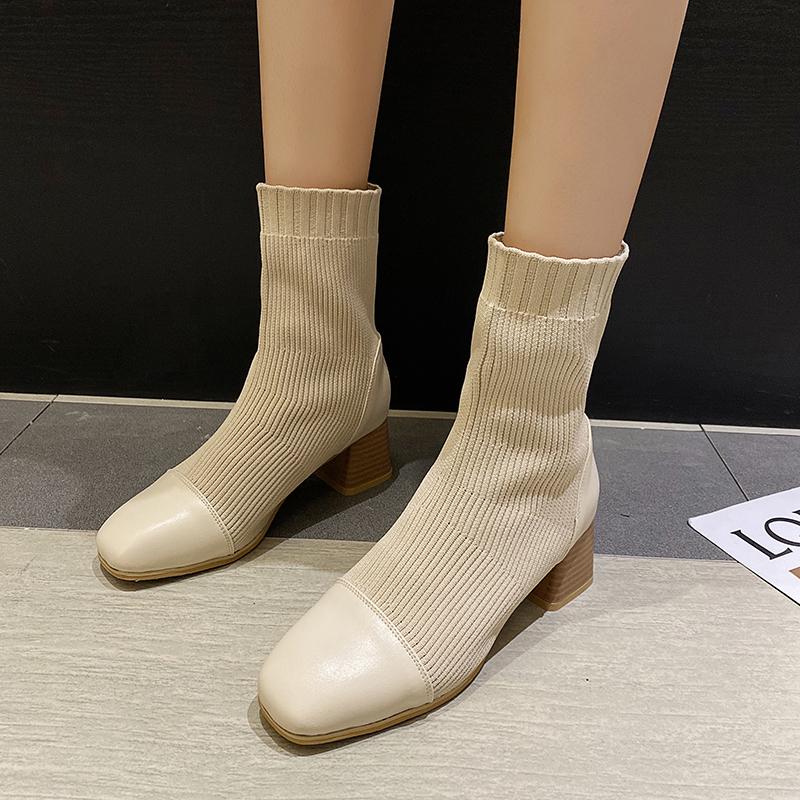 High Heel Sock Boots Women Knitted Stretch Fabric Thick Heel Ankle Boots Black Beige Square Toe Short Women 5 Cm
High Heel Sock Boots Women Knitted Stretch Fabric Thick Heel Ankle Boots Black Beige Square Toe Short Women 5 Cm