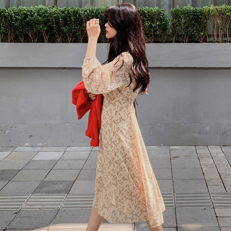 BGTEEVER Vintage Vneck Buttons Laceup Female Chiffon Dress Full Sleeve Midi Dress Elegant Casual Floral Print Women Dress T200416