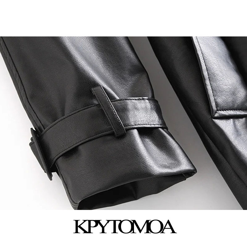 KPYTOMOA Women Fashion With Belt Double Breasted Faux Leather Trench Coat Vintage Long Sleeve Female Outerwear Chic Overcoat 201211