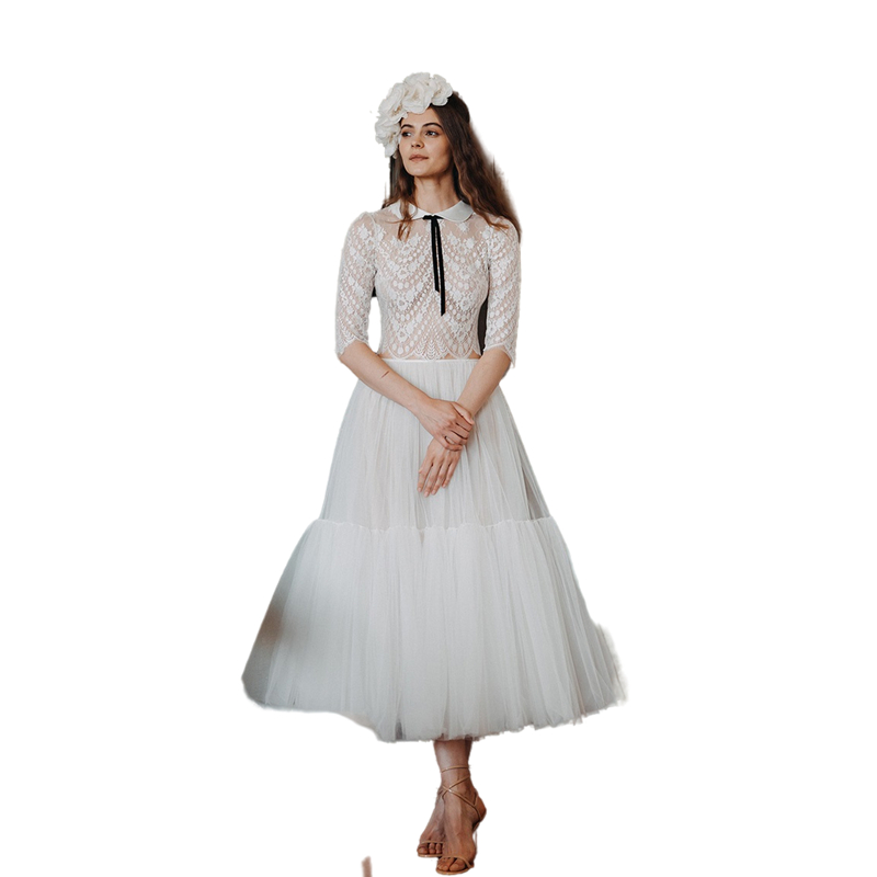 Vintage Tea Length A Line Wedding Dress Lace Half Sleeve Dreaming Puffy Ivory Tulle Bridal Dresses Short Boho Beach Wedding Gowns 2022