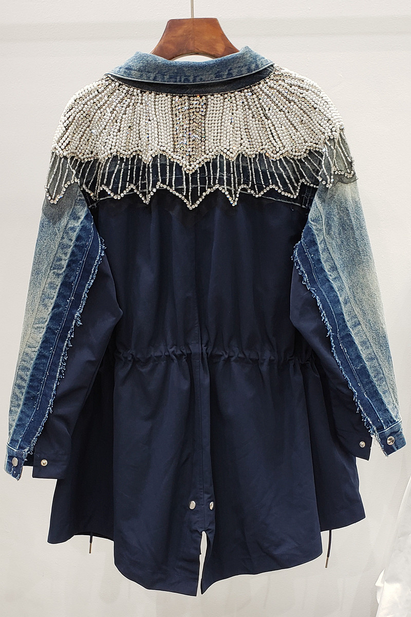 Spring European Patchowrk Industrial Shoulder Diamond Set Beads Cowboy Joint Waist Drawstring Mid-length Trench Coat 201017