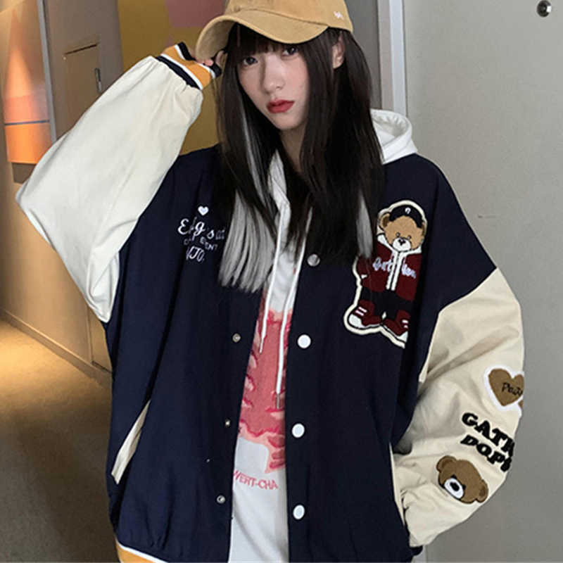 Vintage Bear Letters Baseball Jacket Coat Women Oversized Outerwear Harajuku Korean Style Loose Jacket Students Girls 220118