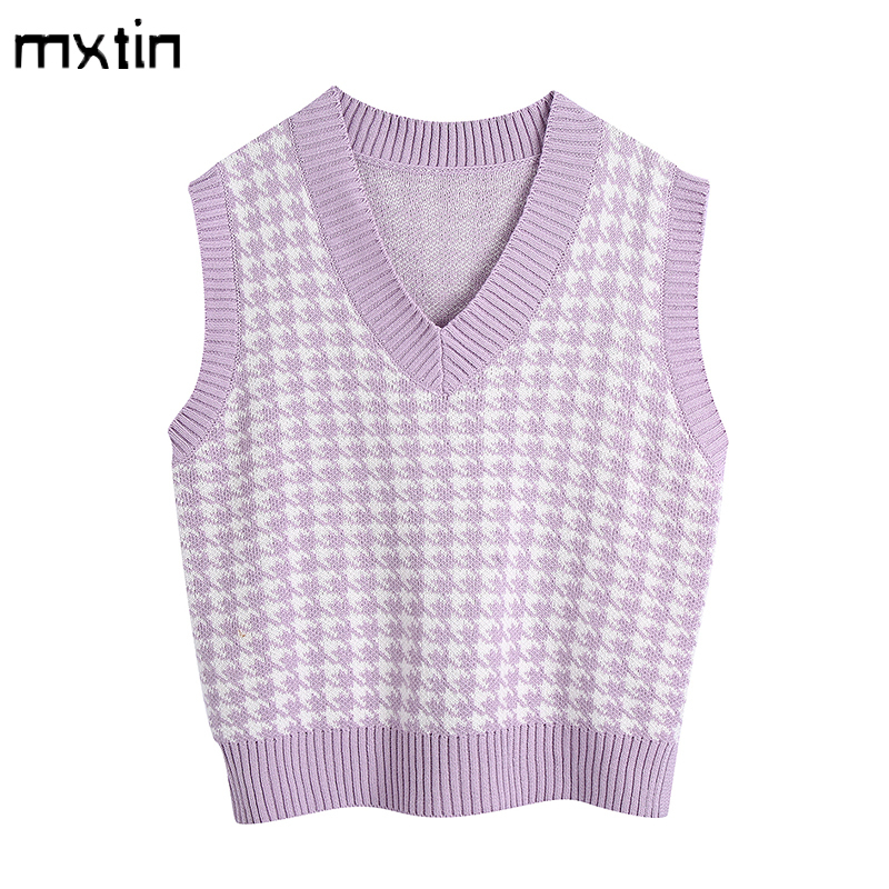 women fashion oversized knitted vest sweater V neck sleeveless houndstooth loose female waistcoat chic tops 201030