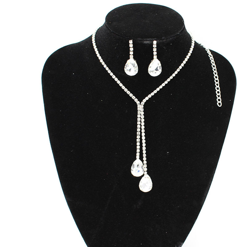 Shiny 925 Sterling Silver Plated Water Drop Necklace Earrings Jewelry Set Rhinestone CZ Crystal Jewellery Sets for Women Bridal Wedding Statement Jewe