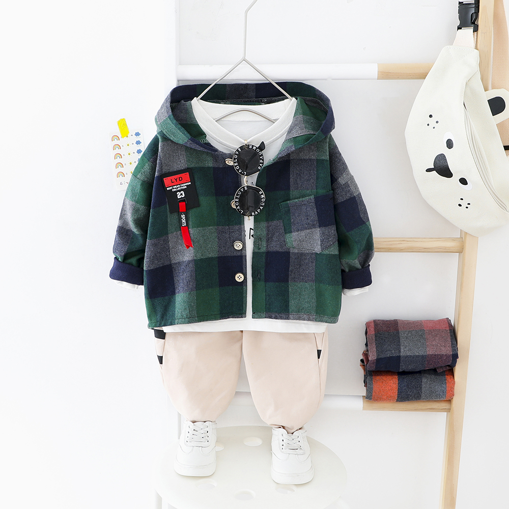 Toddler Boy Clothes Set Big Plaid Hooded Shirt + Elastic Pants Baby Boys Clothing Spring Autumn Children Outwear Normal Size 201031