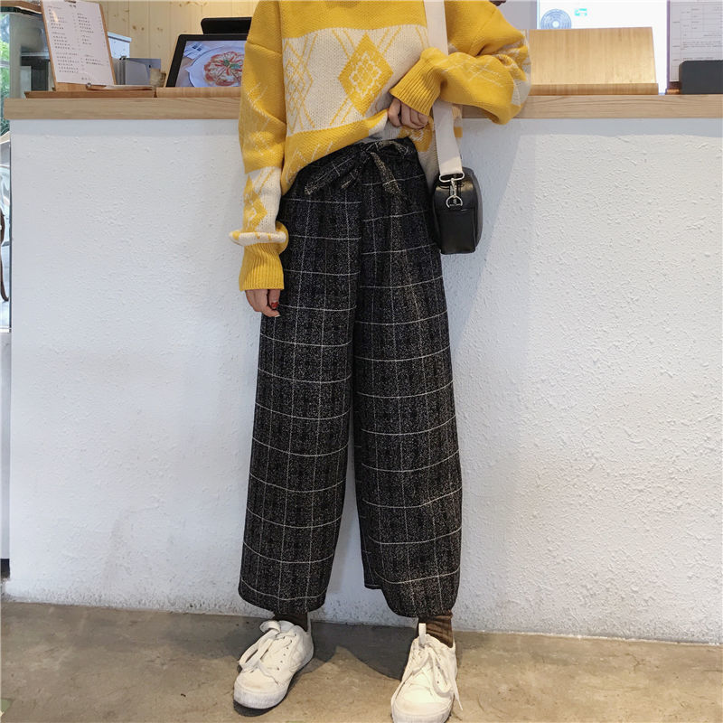 OCEANLOVE Harajuku Plaid Pants Women Vintage Lace Up Ankle-length High Waist Pants Autumn Winter Wide Leg Trousers 13026 201106