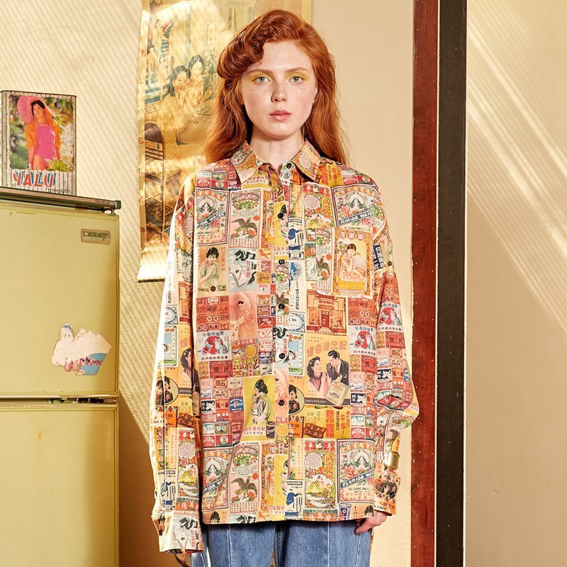 UNIFREE New autumn women shirts brown top trend personality printing lapel long sleeve loose shirt women tops T200321