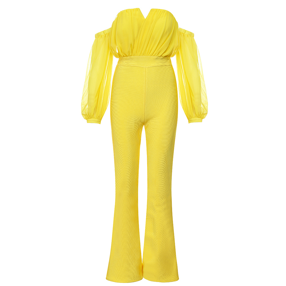 Ailigou New Women Party Club Yellow Sexy Off Shoulder Chiffon Long Sleeve Strapless Full Length Bandage Bodycon Jumpsuits T200509